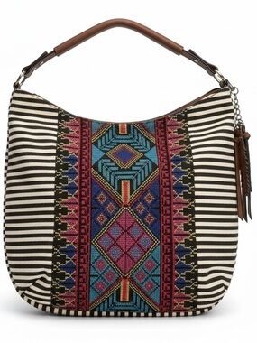 MMS Striped Hobo with Multicolor Embroidered Center Brown Leather Straps Feather